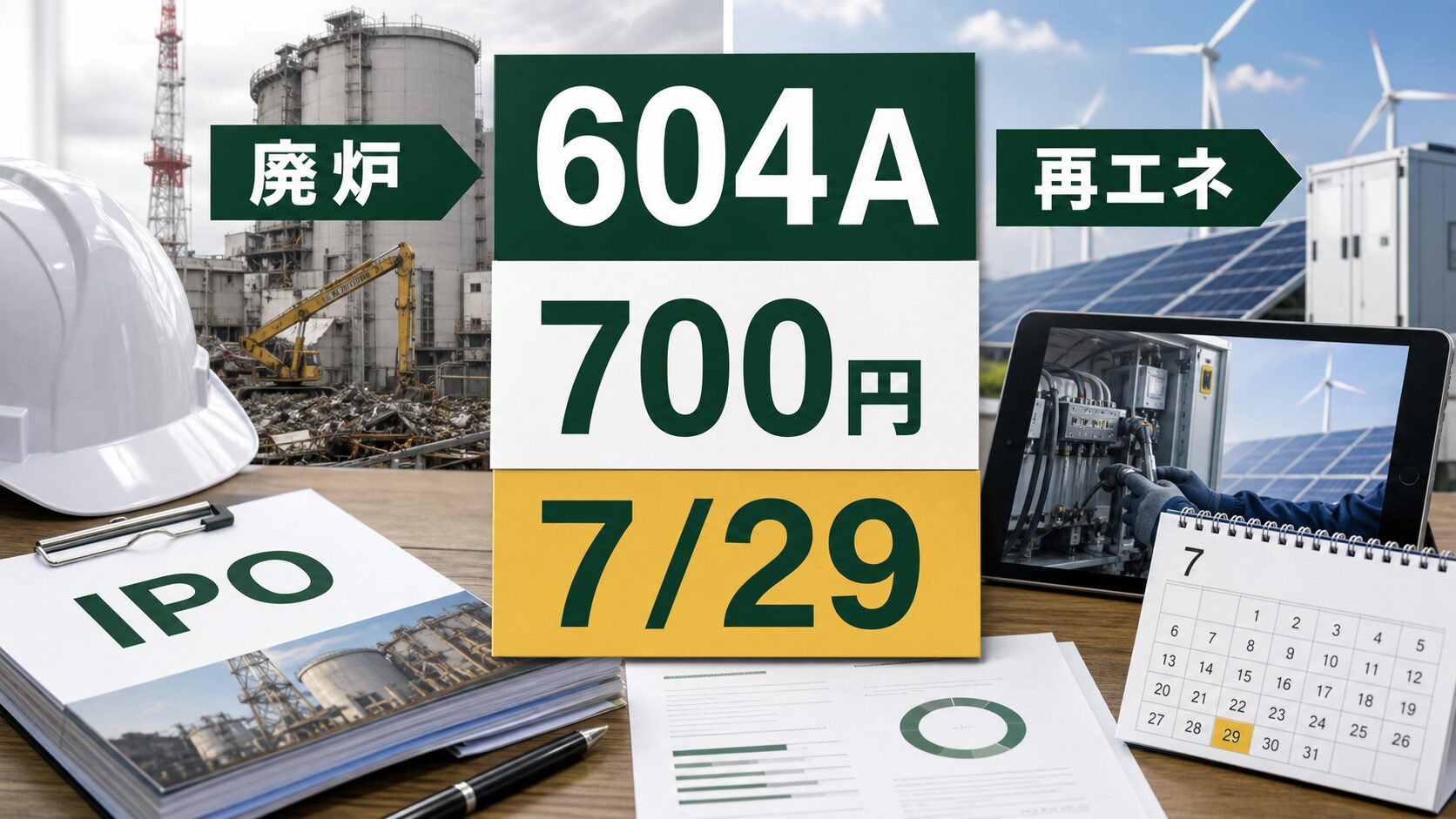 604AビーエイブルのIPOを700円公開価格と廃炉再エネ事業で分けるイメージ