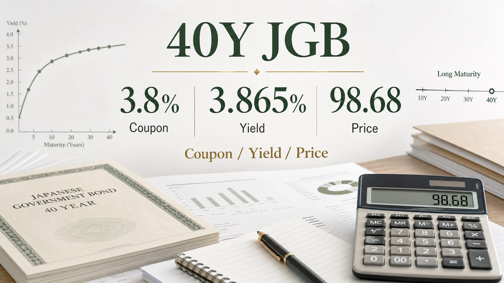 40年国債の3.8%、3.865%、98.68を並べた金融解説用の生成画像