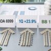 KOA6999の1Q売上増とBBレシオを電子部品と数値カードで表した生成画像