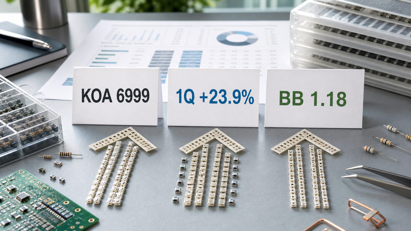 KOA6999の1Q売上増とBBレシオを電子部品と数値カードで表した生成画像