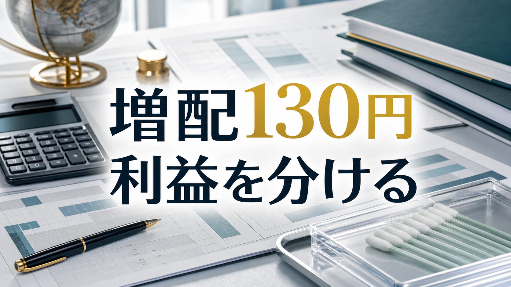 増配130円と利益分解を金融資料と綿棒サンプルで表した生成画像