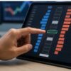 抽象的な価格ラダーを表示したタブレットで指値注文の刻みを選ぶ手元
