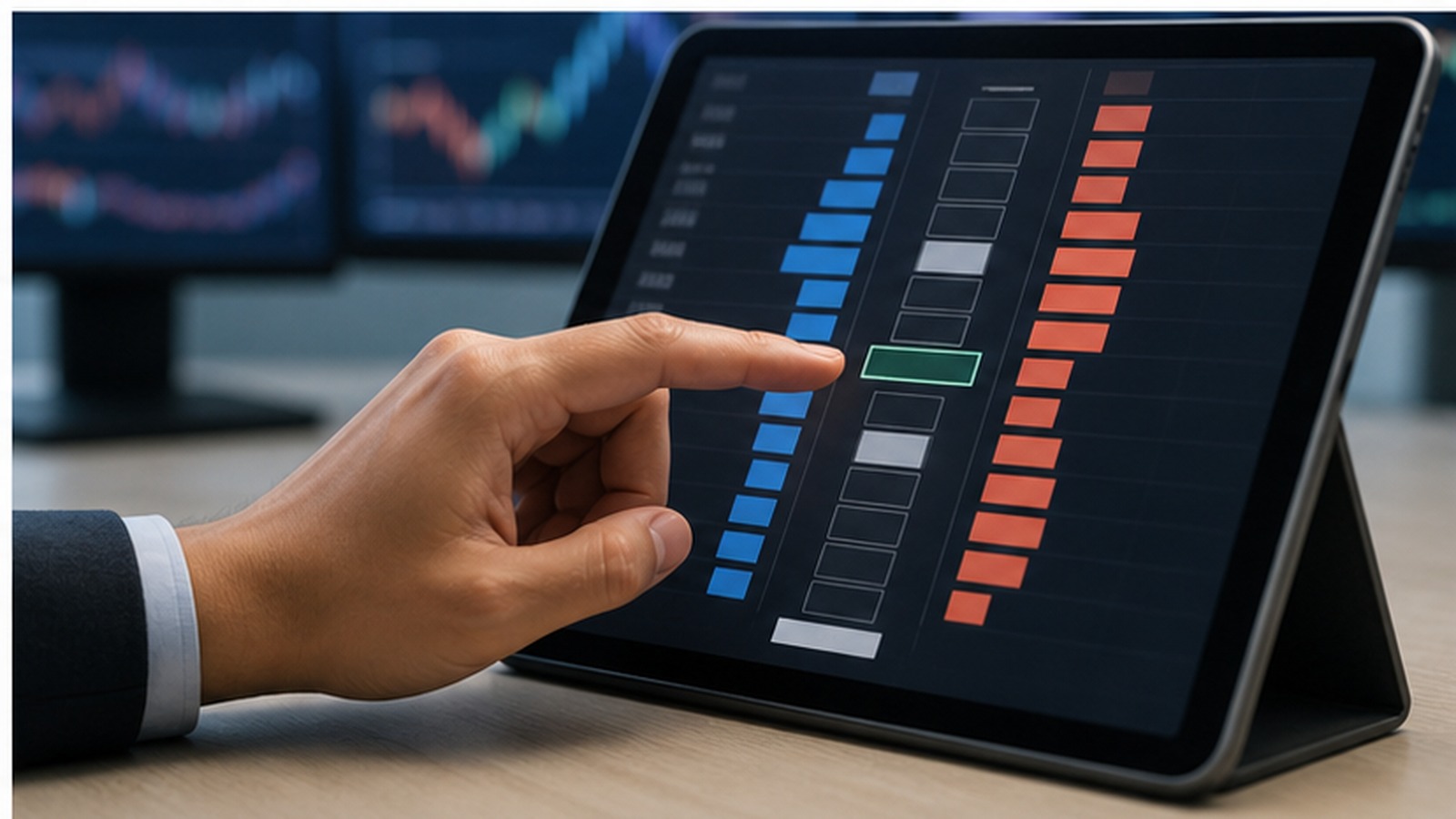 抽象的な価格ラダーを表示したタブレットで指値注文の刻みを選ぶ手元