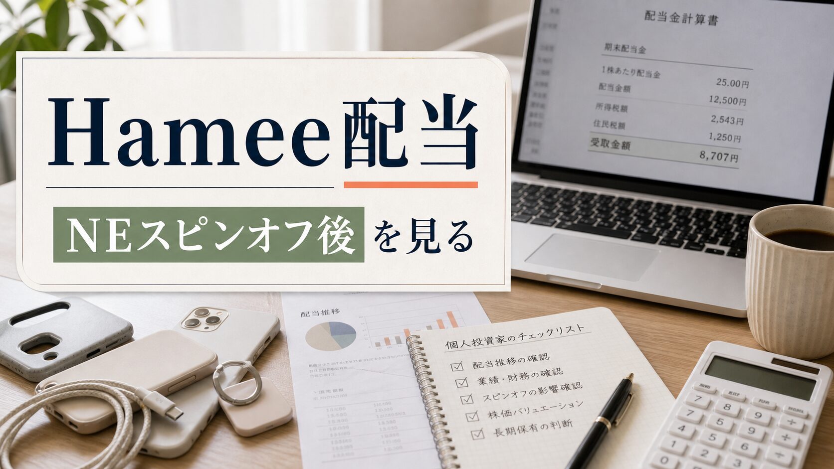 Hameeの配当とNEスピンオフ後の見方を示す静かなビジネス誌風アイキャッチ