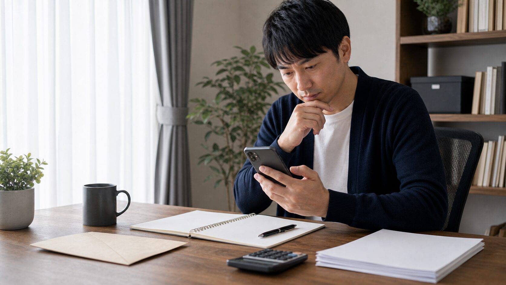スマホで日程確認をする個人投資家のデスクイメージ