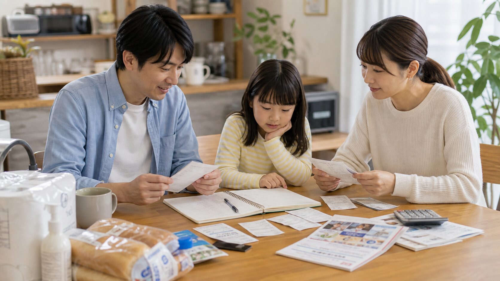 家計と株主優待を確認する家庭のテーブル
