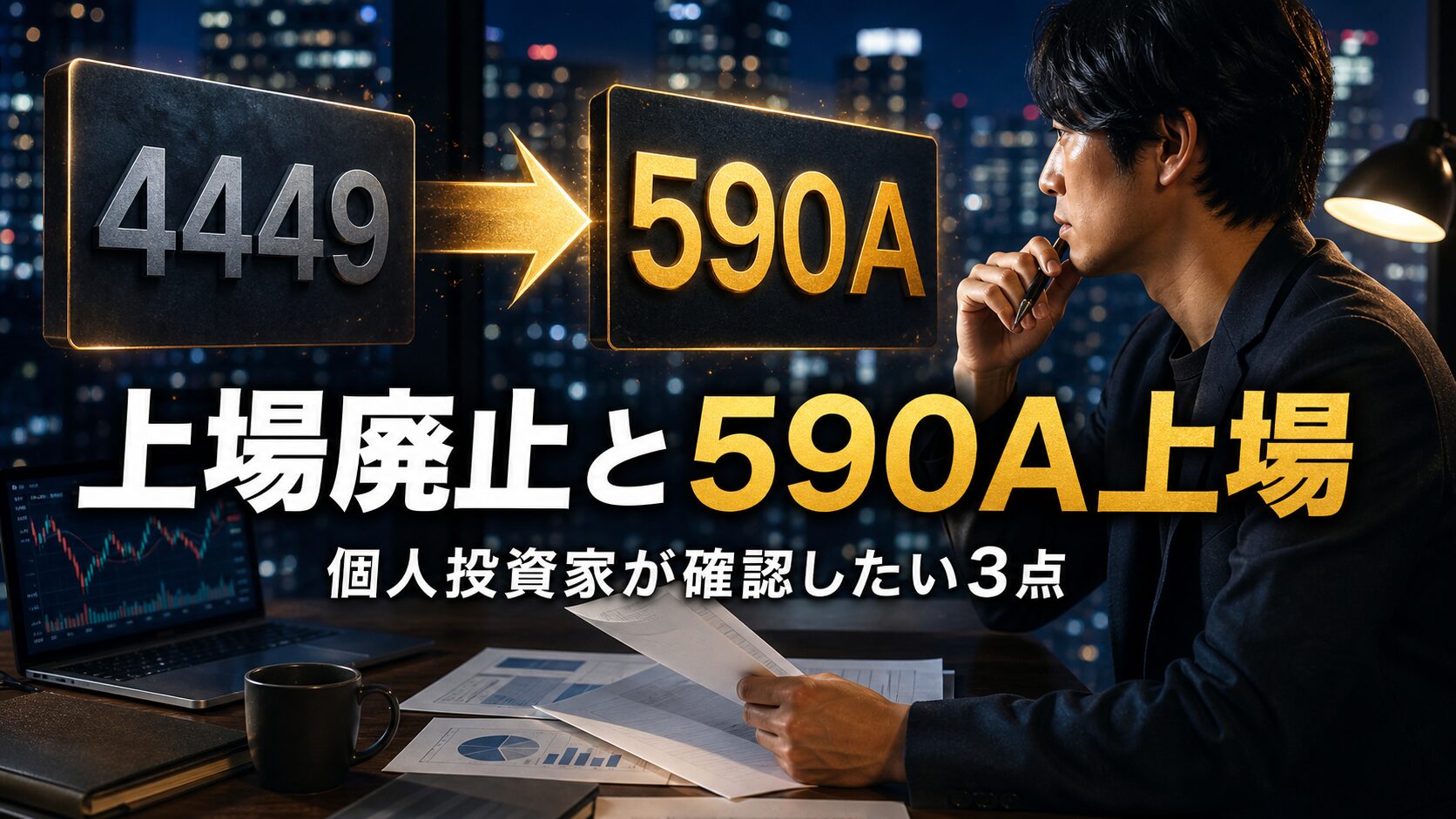 上場廃止と590A上場、個人投資家が確認したい3点を伝えるアイキャッチ