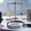 国債先物の逆連動ETFを資料と天秤と虫眼鏡で確認するイメージ
