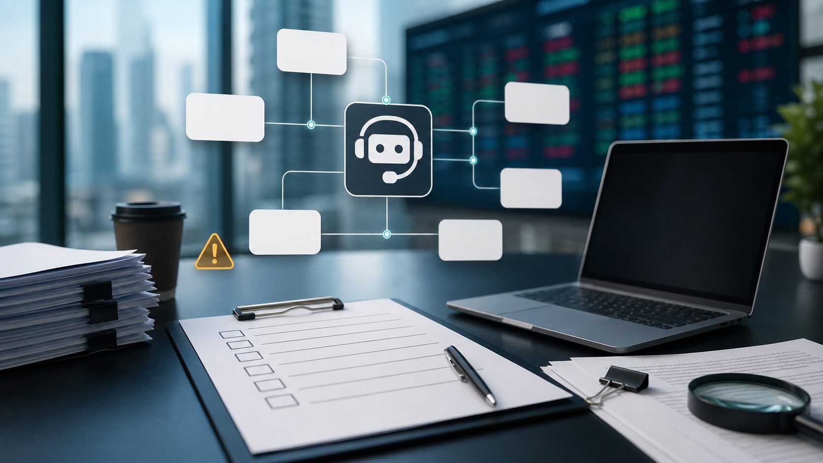 AIチャットボット企業のIPO資料と確認項目を机上で整理するイメージ