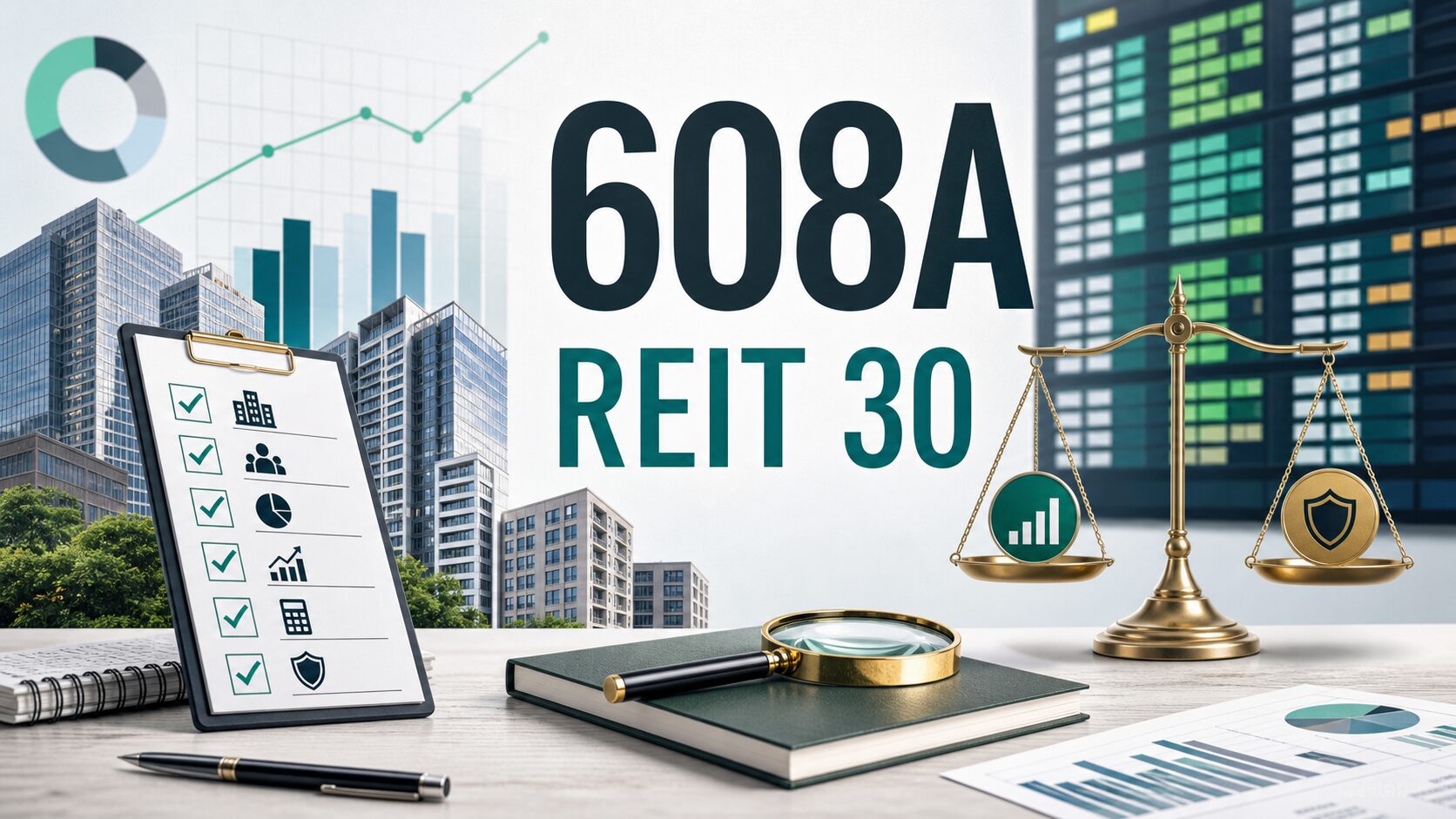 608AとREIT30の文字を中心に利回りとリスクの確認を示す投資調査デスクのイメージ