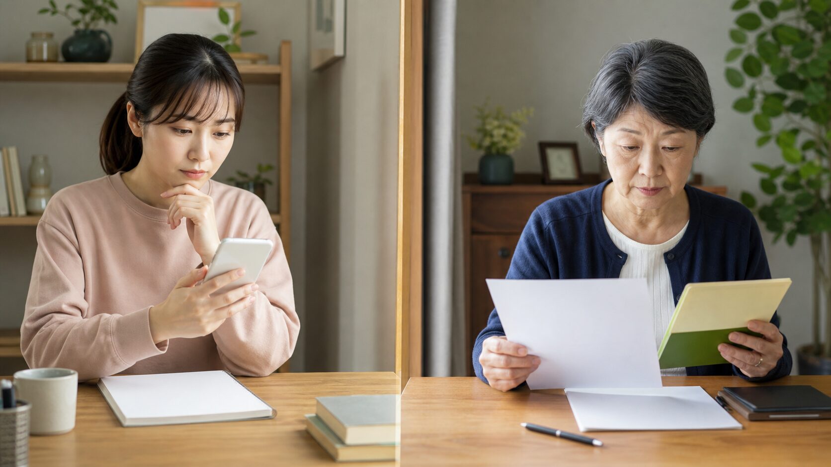 世代の異なる人がNISA口座書類をそれぞれ確認するイメージ