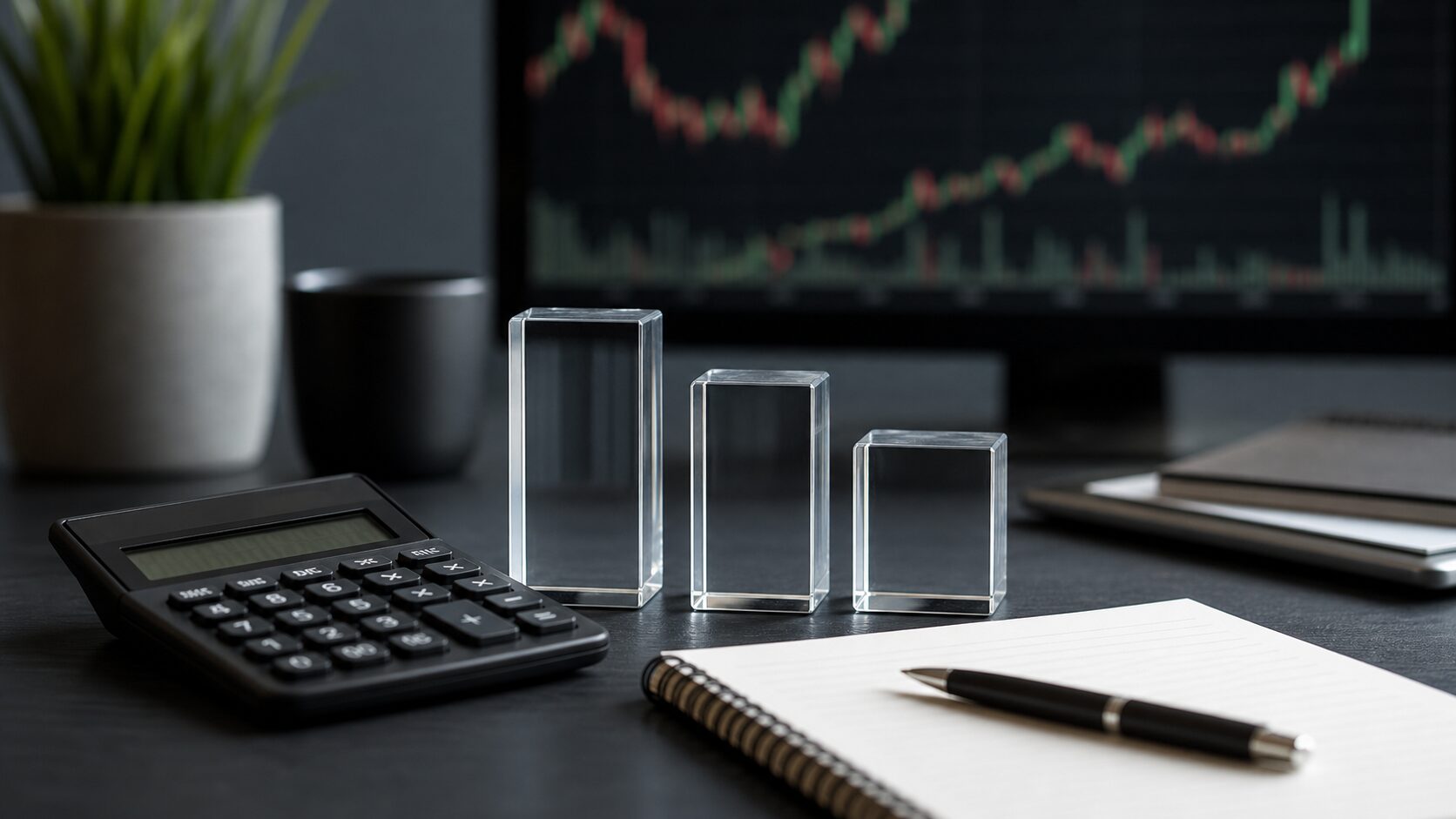 ETFの費用と分散と流動性を電卓と三つの透明ブロックで確認するイメージ