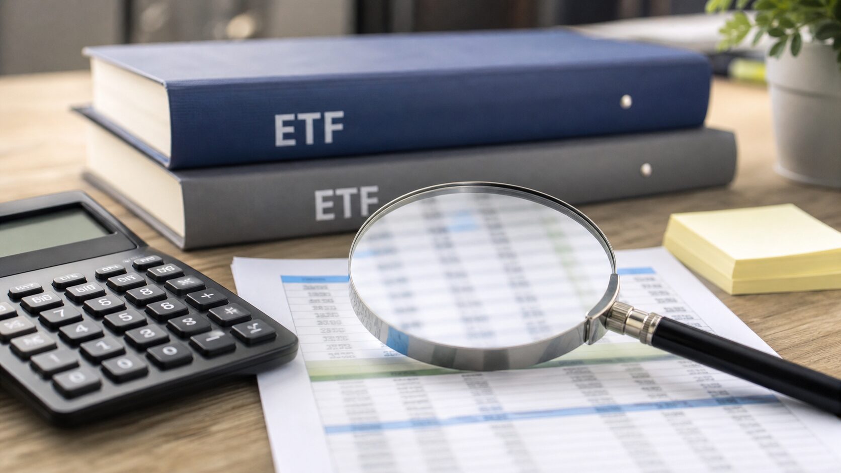 ETFの費用や集中、流動性を電卓と虫眼鏡で確認するイメージ