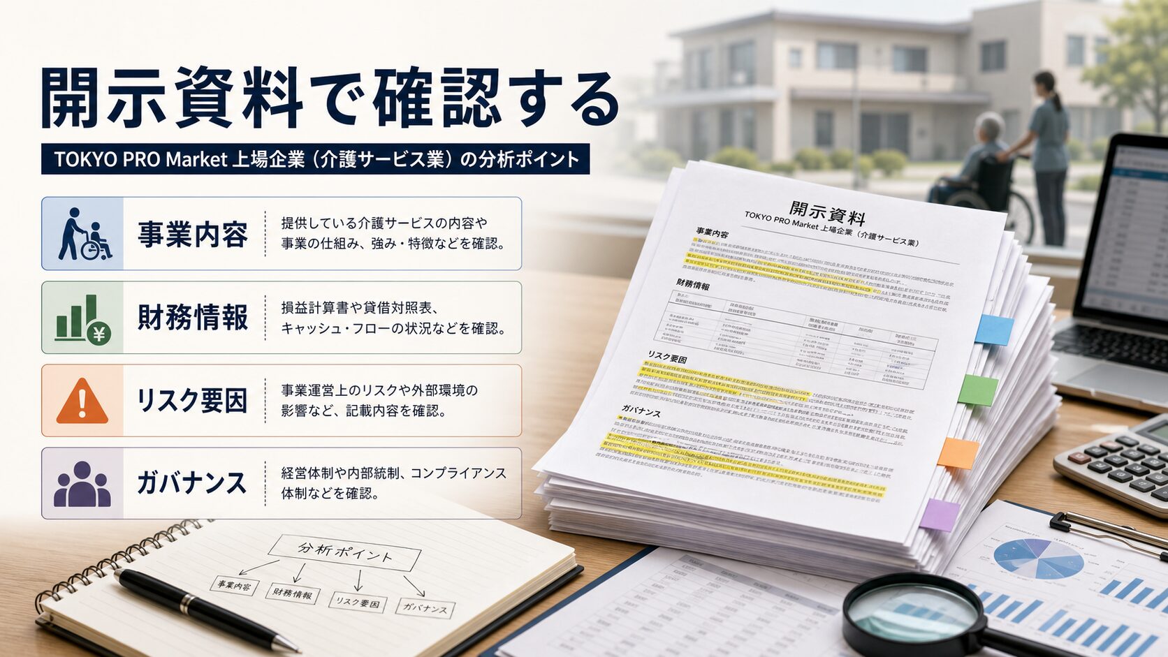 TOKYO PRO Market上場企業の開示資料で事業内容や財務情報を確認するイメージ