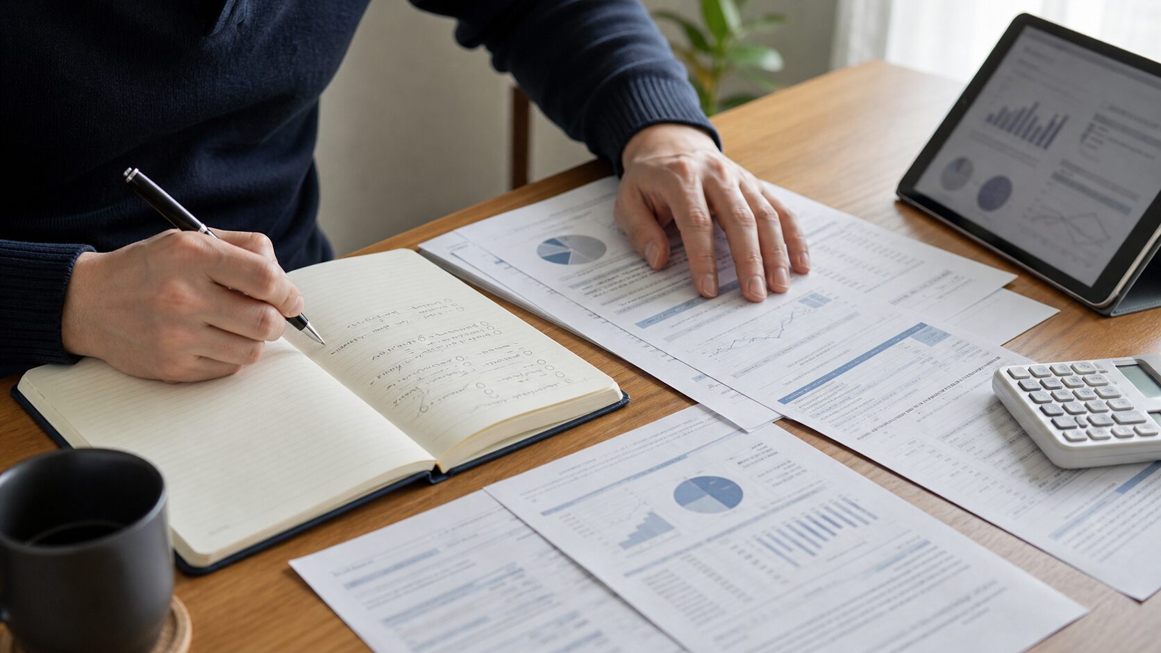 投資信託の資料を見ながら保有理由をノートに書くイメージ
