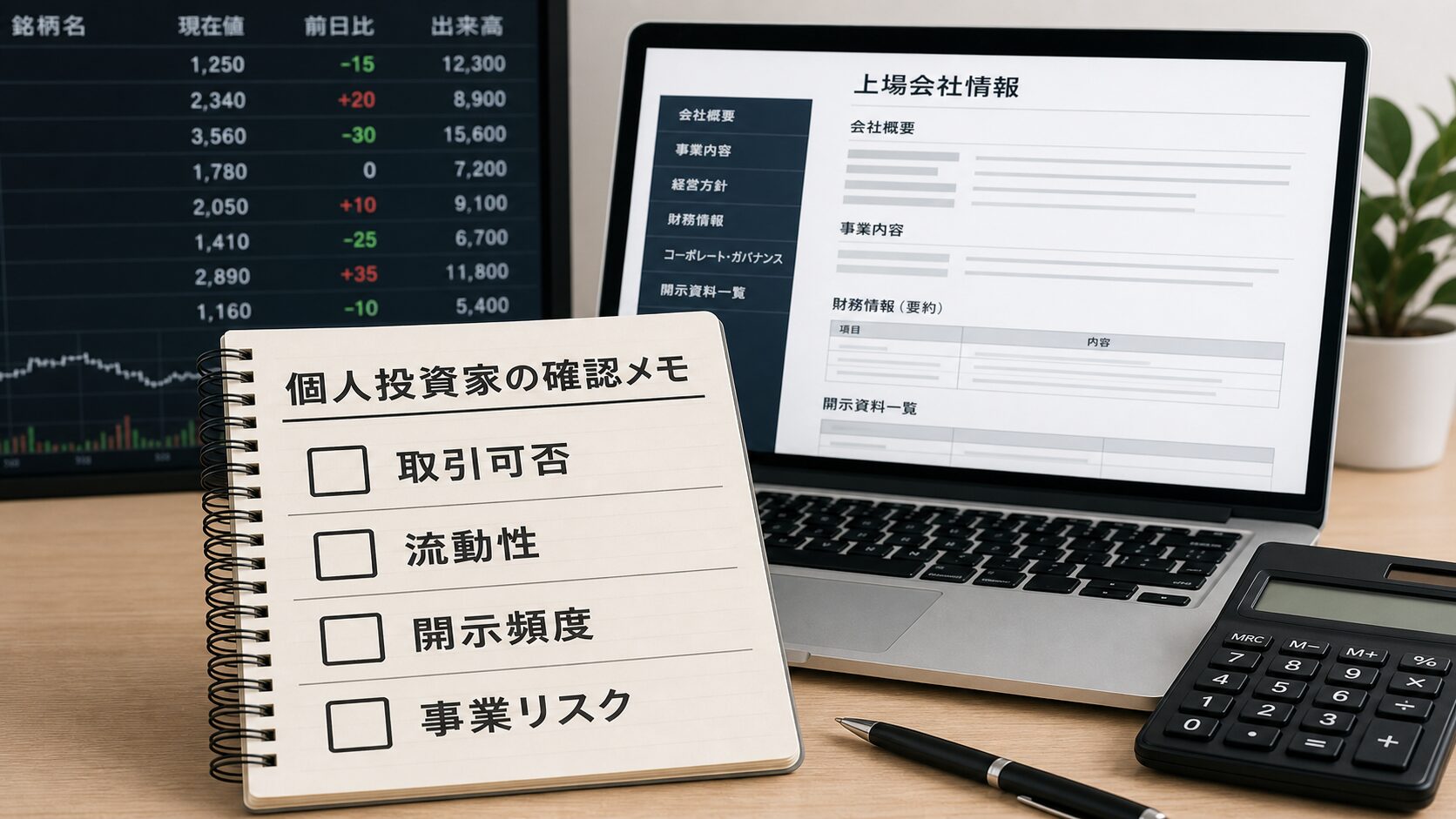 個人投資家が取引可否、流動性、開示頻度、事業リスクを確認するメモのイメージ