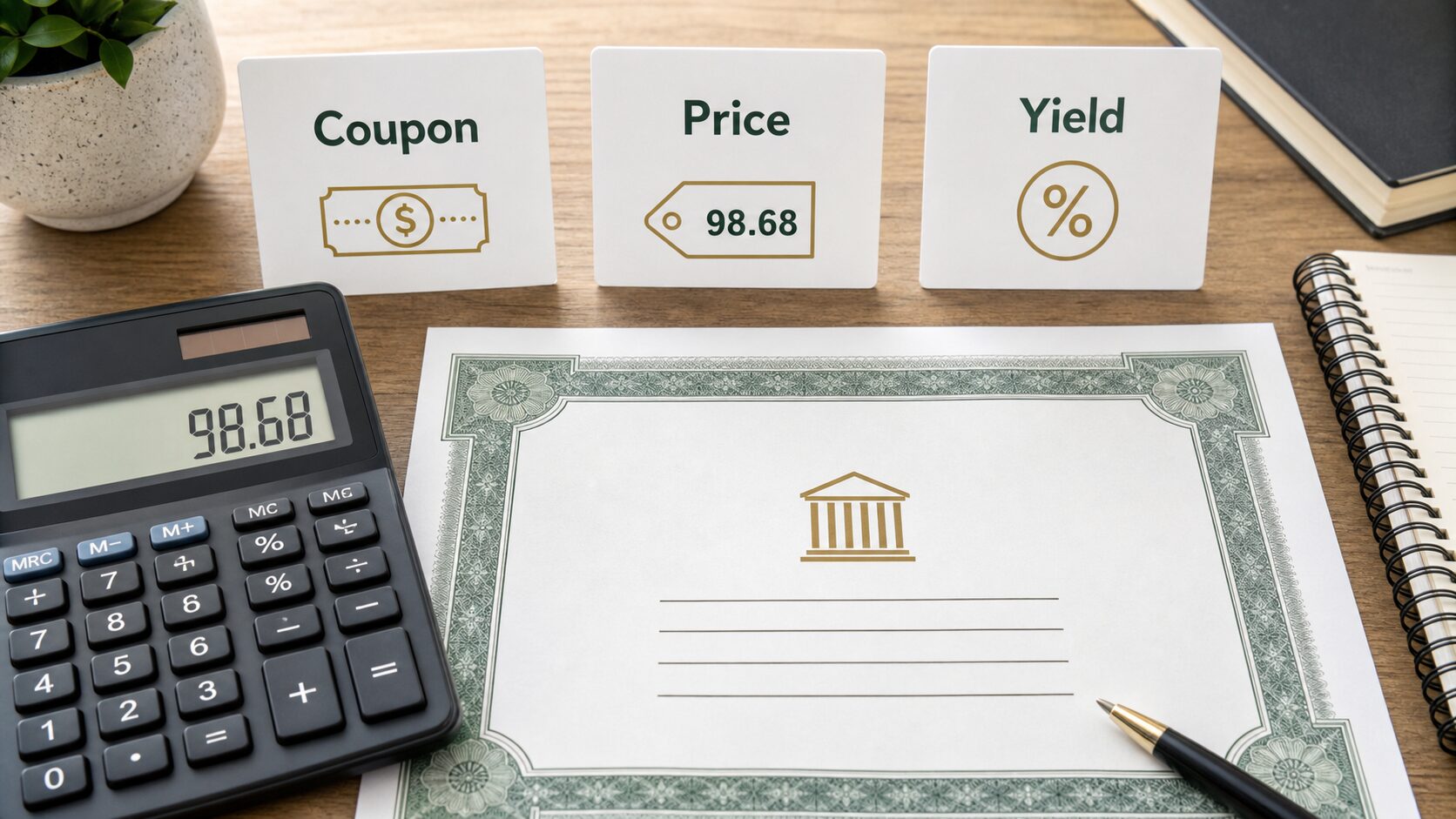 Coupon、Price、Yieldのカードと98.68を表示した電卓の生成画像