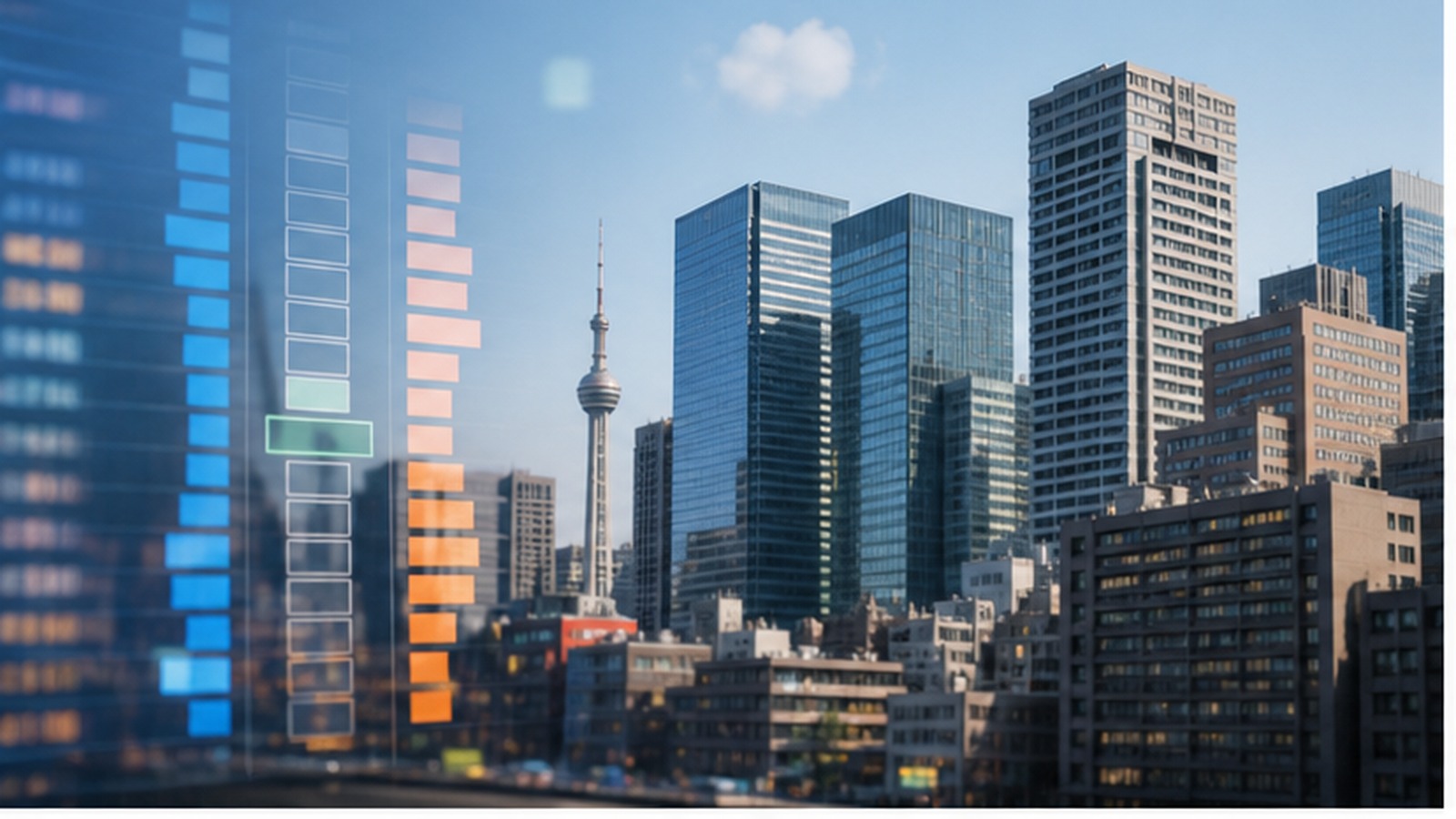 東京の金融街と抽象的な注文板のイメージ