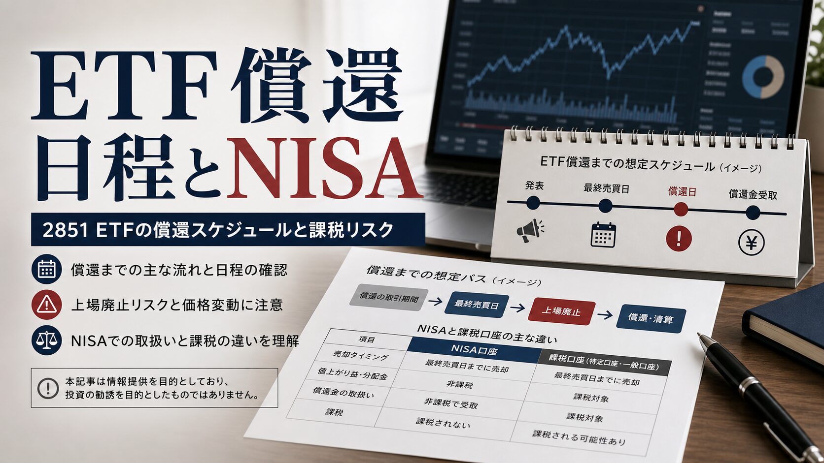 2851 ETFの繰上償還日程とNISA口座の扱いを整理する投資家デスクのイメージ