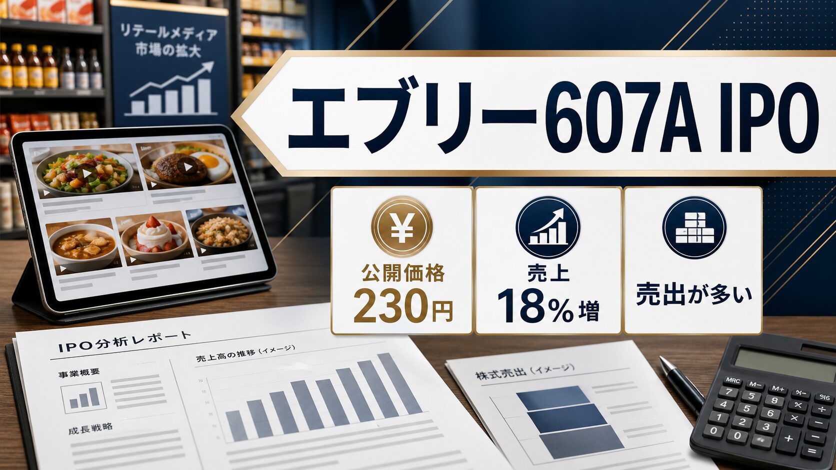エブリー607AのIPOを公開価格230円、売上18%増、売出の多さで示すアイキャッチ