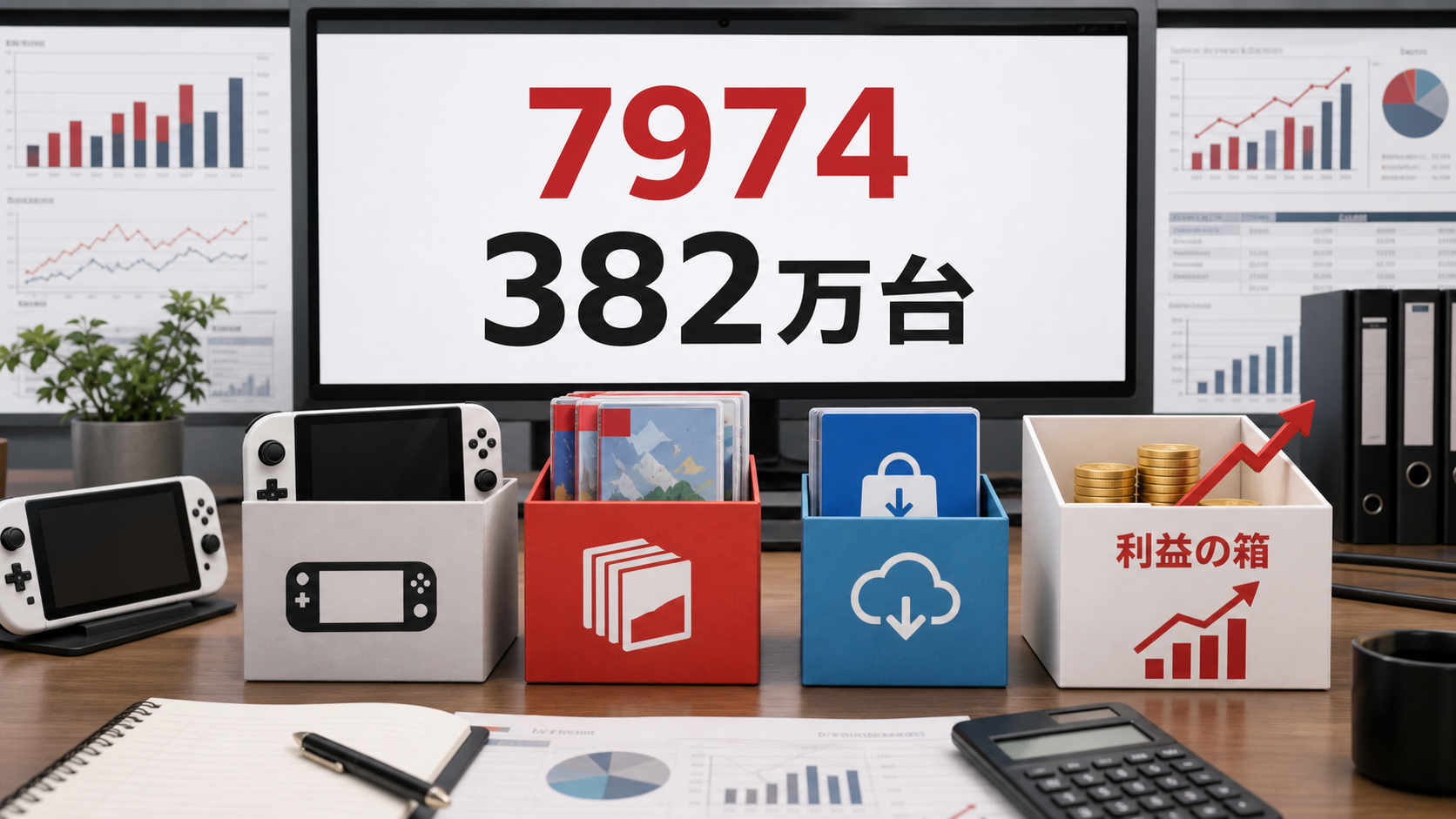 任天堂7974の382万台と利益の箱を分ける決算分析イメージ