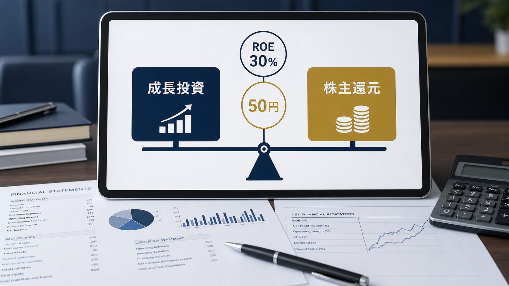成長投資と株主還元をROE30%と50円配当で分ける資本政策イメージ