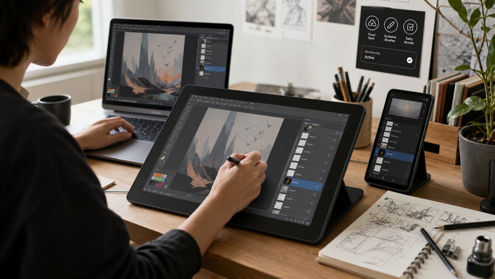 クリエイター向けソフトをPCとタブレットで使う制作環境のイメージ