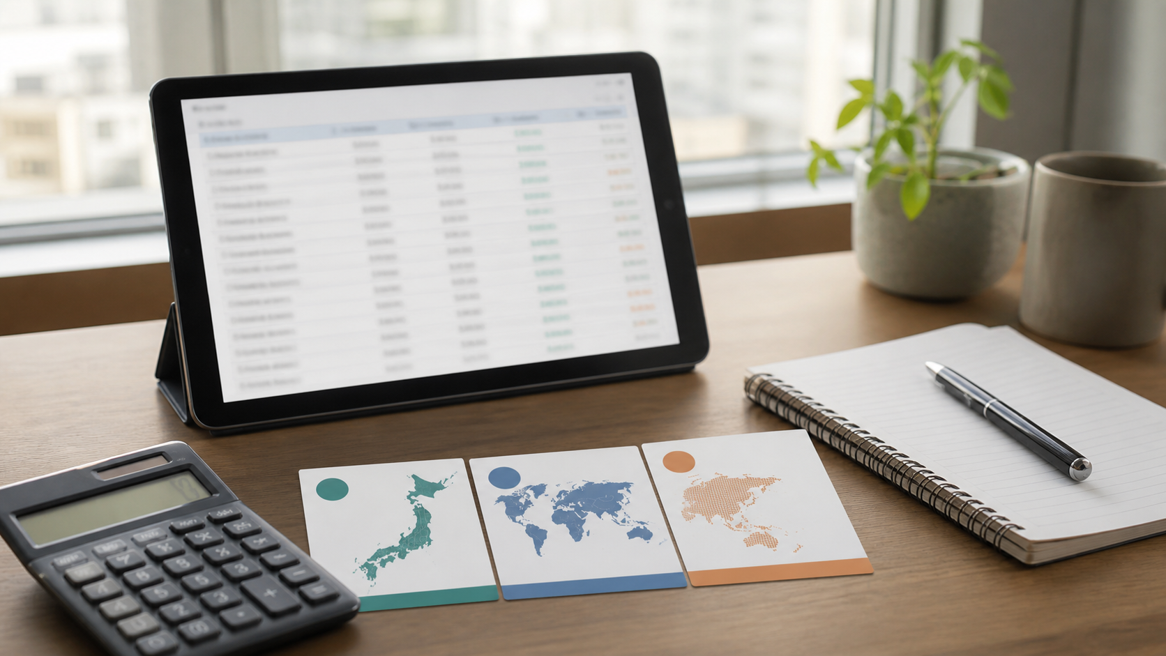 ETFの投資先を国内と海外のカードで整理するデスク