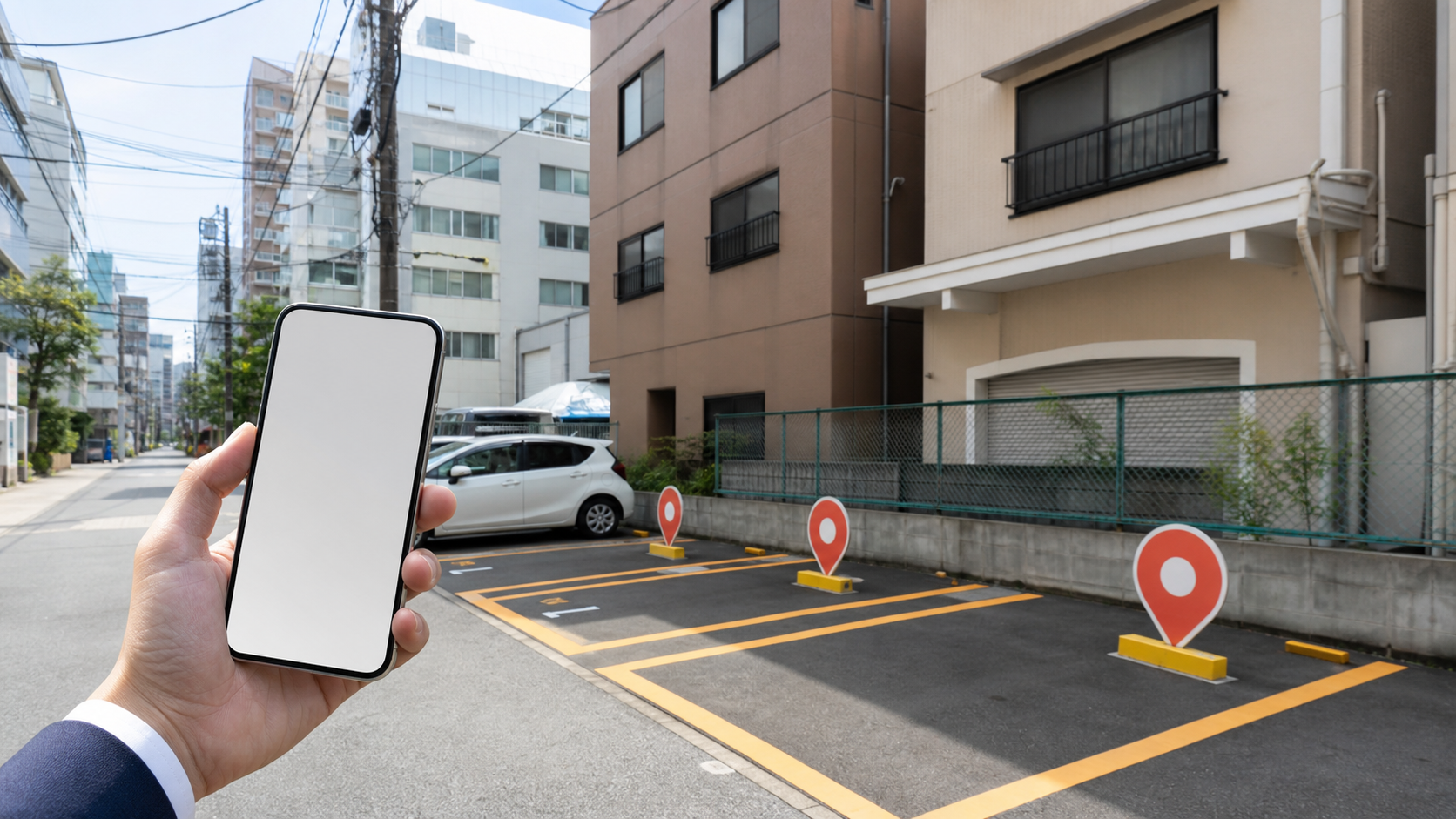 都市の駐車スペースとスマートフォン予約を組み合わせた駐車場マーケットプレイスのイメージ
