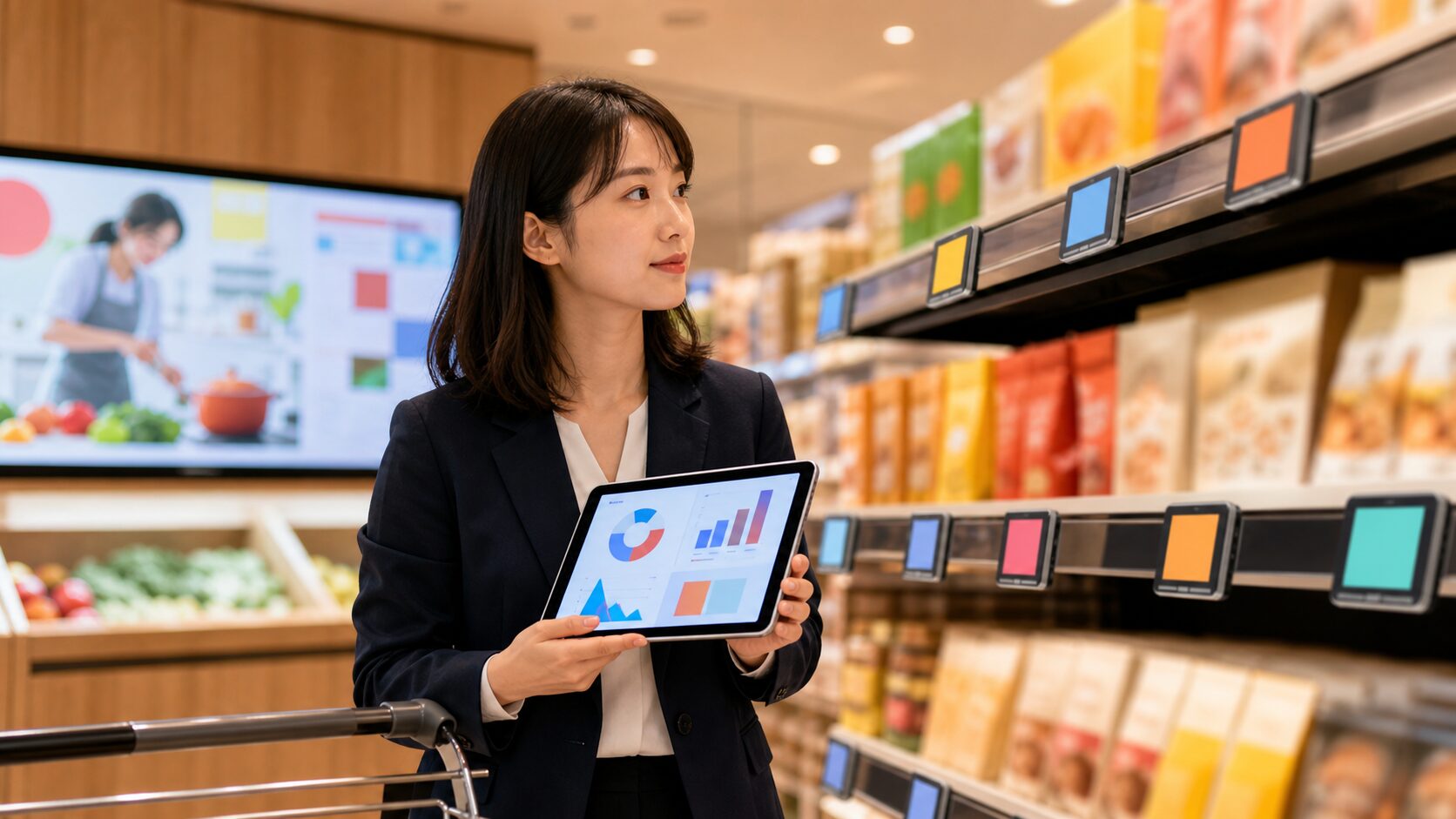 リテールメディア広告を小売店頭で分析するビジネスイメージ