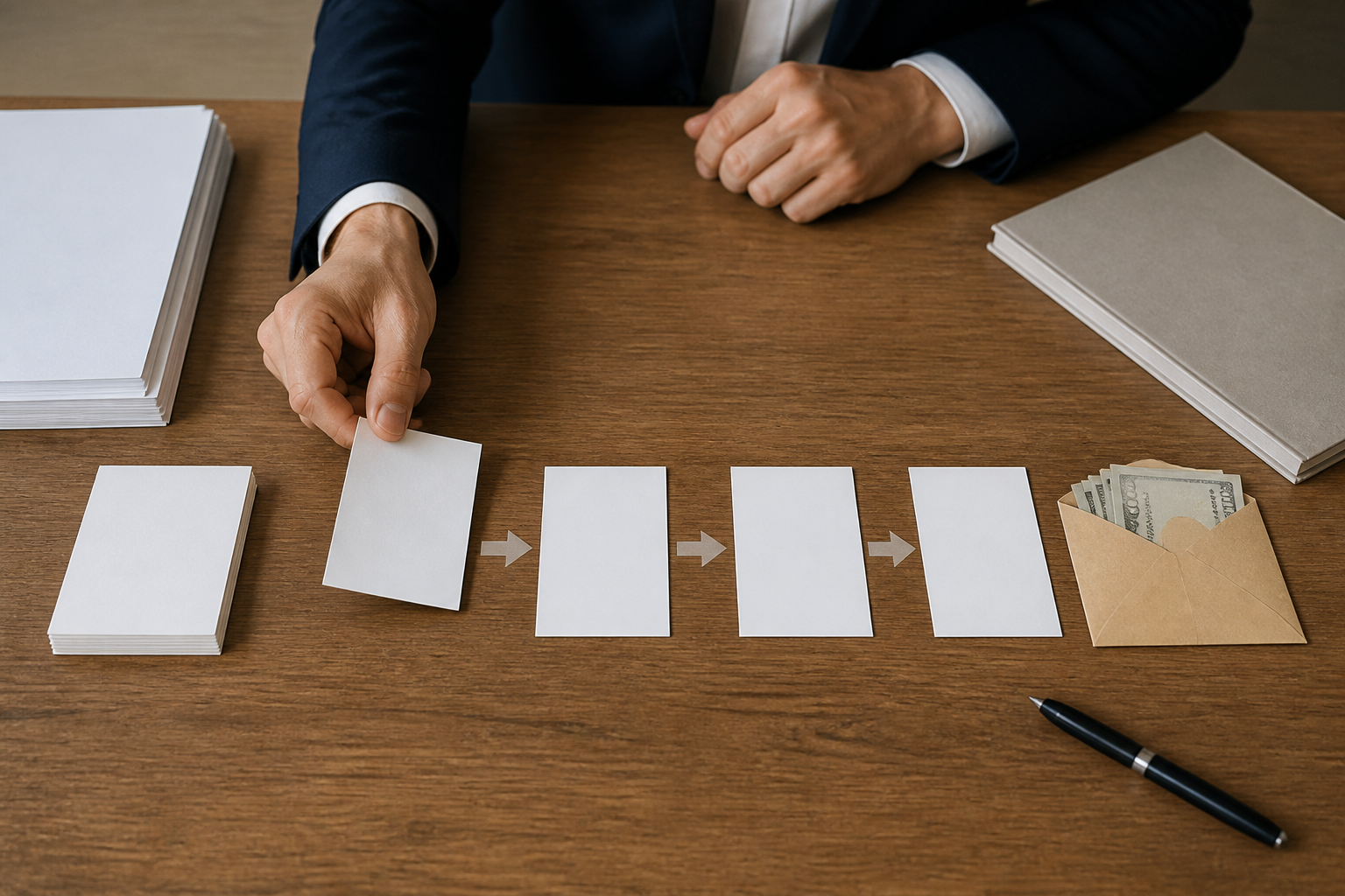 未応募株主の株式併合から金銭交付までの流れを白いカードで整理するデスク