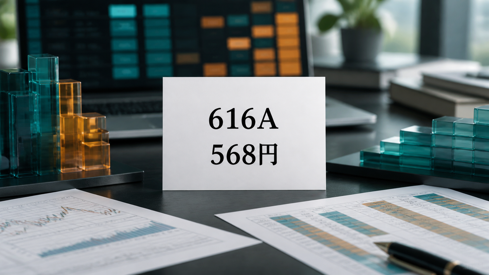 数理技研616Aと568円の板中心を示す金融デスク