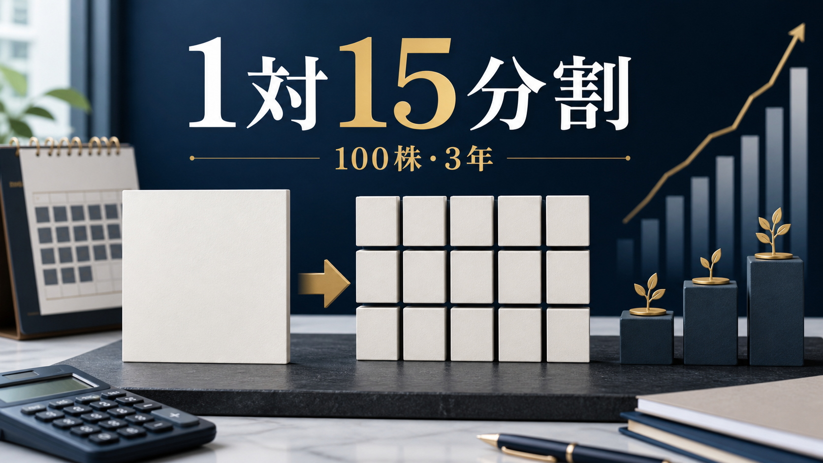 東京海上8766の1対15分割と100株3年条件を示す金融デスク