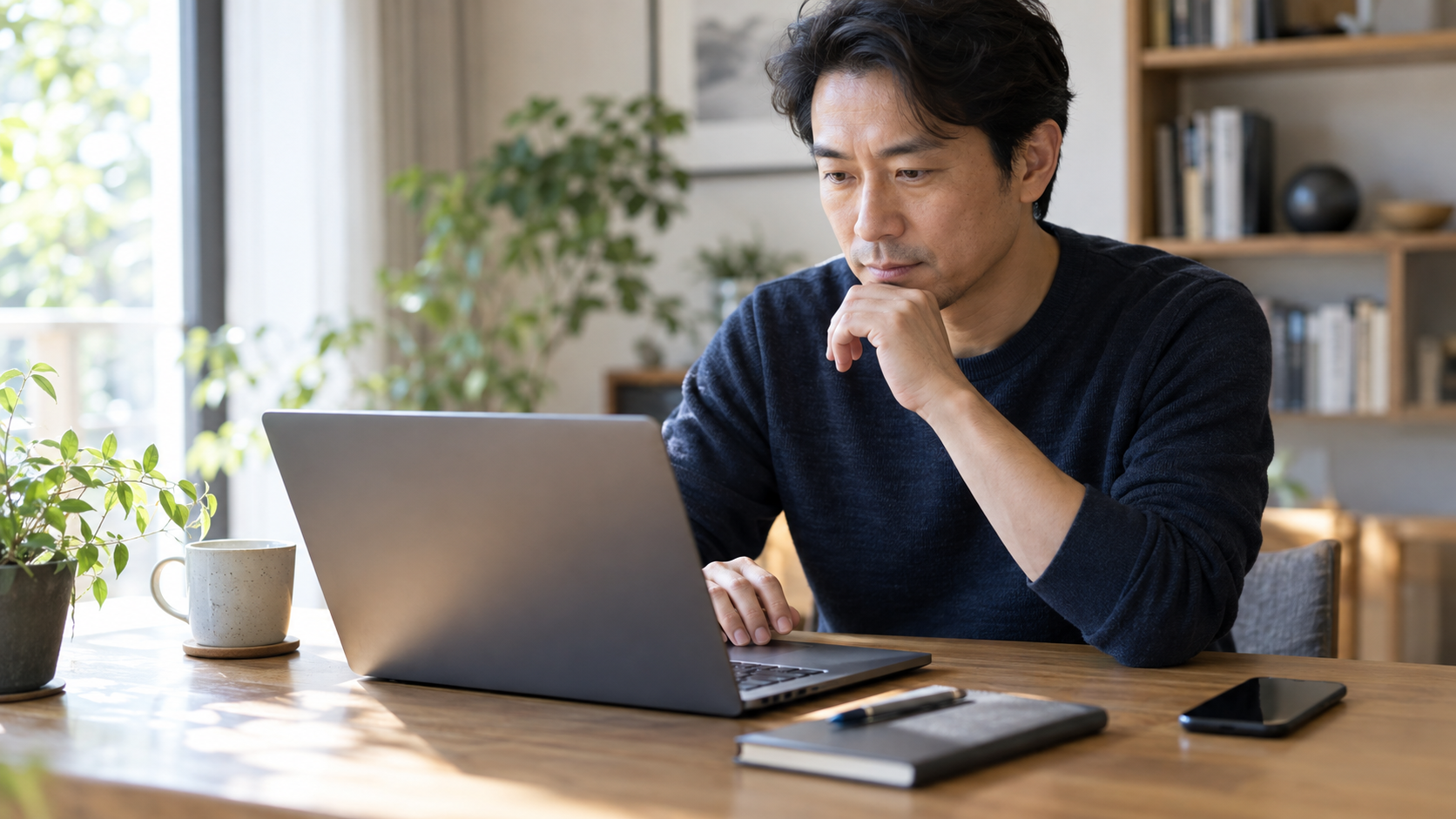 ノートPCの前で通知を見ながら考える男性