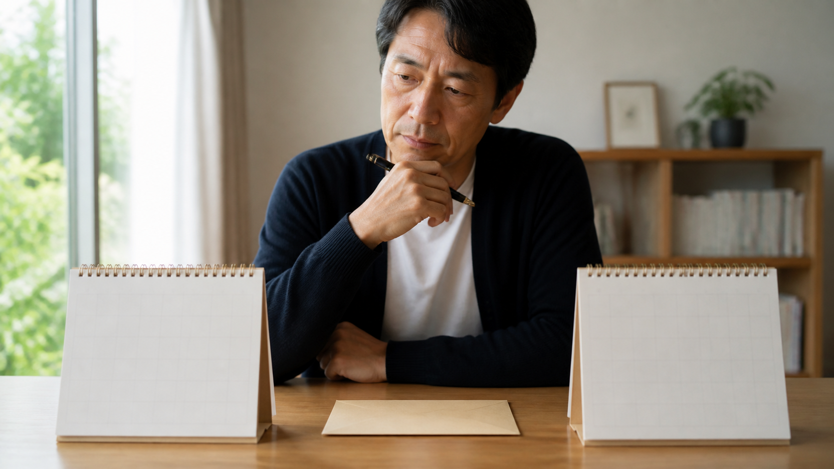 二つの卓上カレンダーが離れて置かれた机