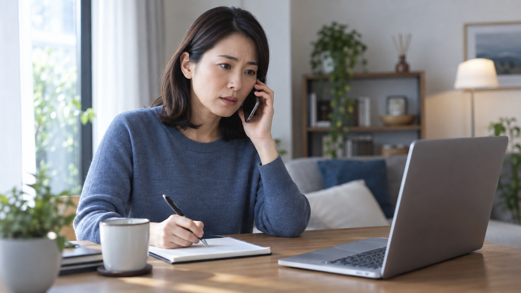 電話をしながら記録を取る女性