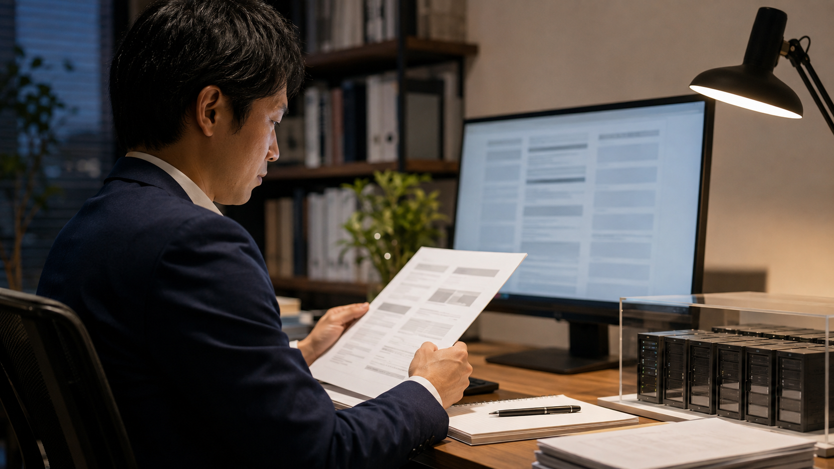 投資家がデータセンター模型のそばで商品資料を読む様子