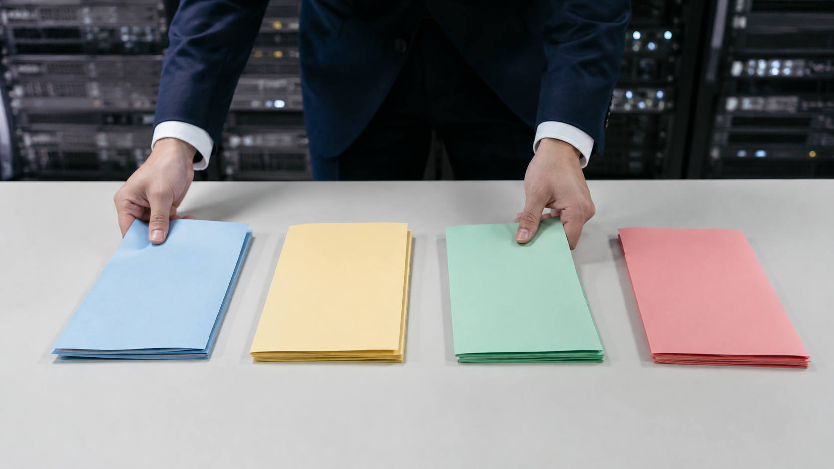 データセンターを背景に四つの色分けした書類を並べる手元