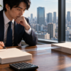 上期の実績と下期に残る条件を二つの書類の束で読み分けるアナリストのイメージ
