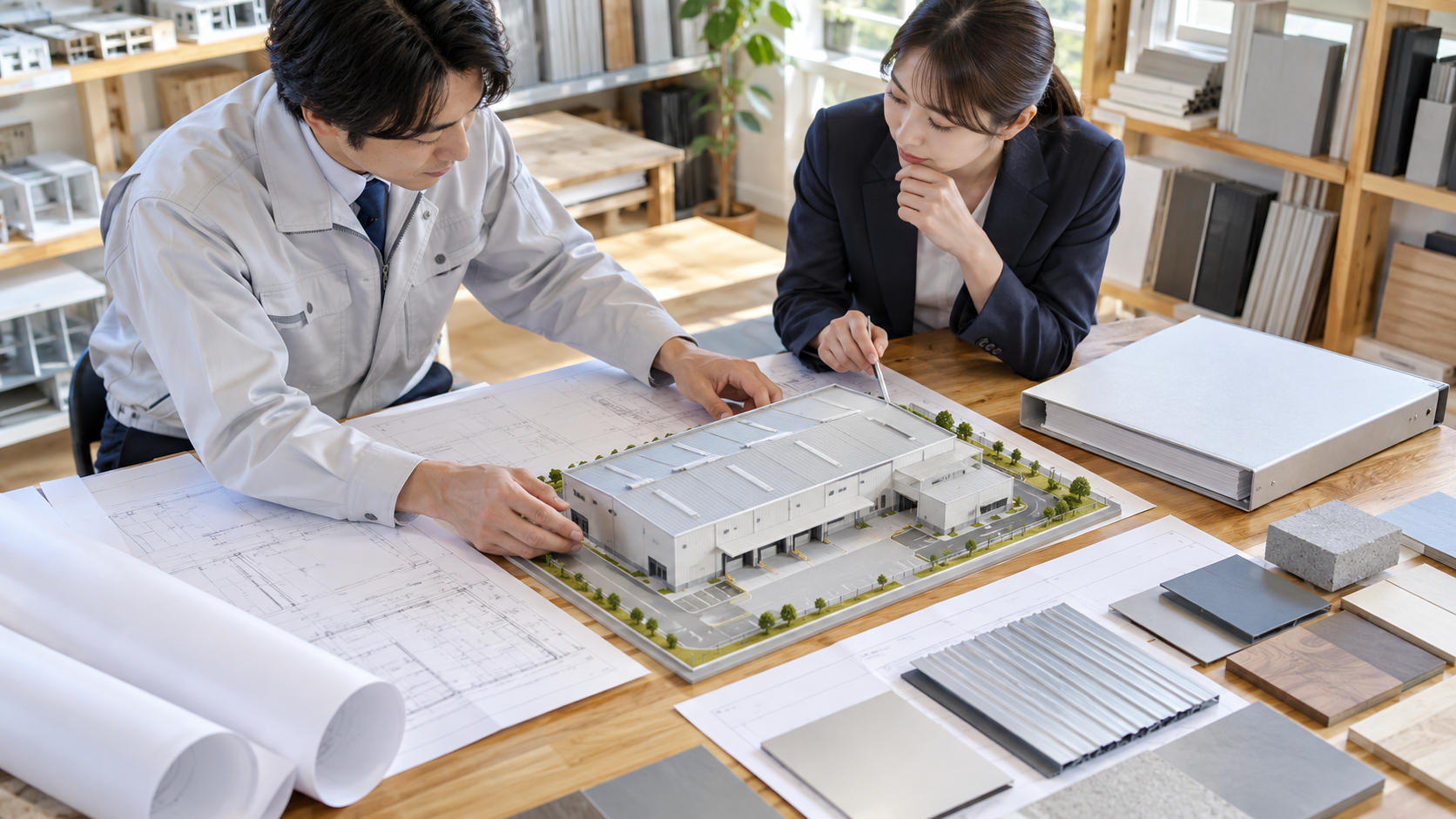 工場拡張の模型と資材を検討する二人