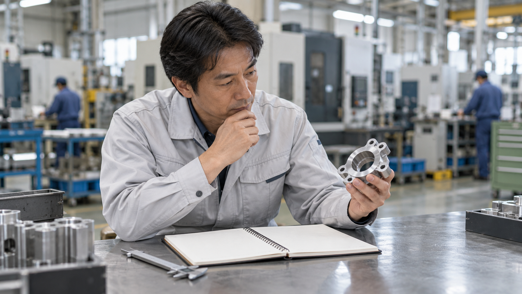 製造現場で部品と計画ノートを見比べる担当者